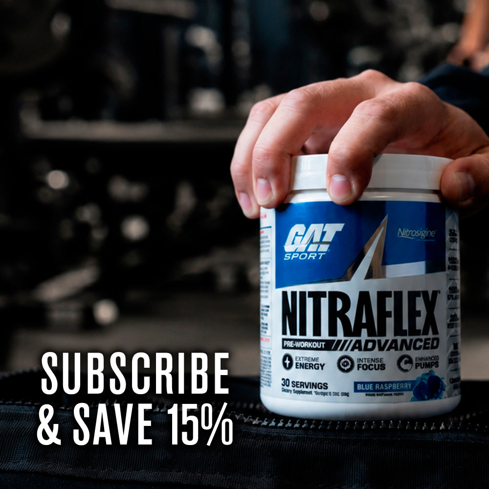 A photo of a person's hand on top of the Nitraflex pre-workout advanced product, with text 'Subscribe & Save 15%'.