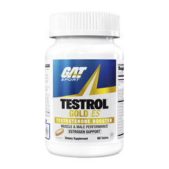 A white plastic bottle of CAT SPORT Testrol Gold ES dietary supplement with a blue, gold, and white label, containing 60 tablets.