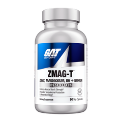 A silver bottle of GAT Sport ZMAG-T dietary supplement with a white, blue, and silver label, set against a plain white background.